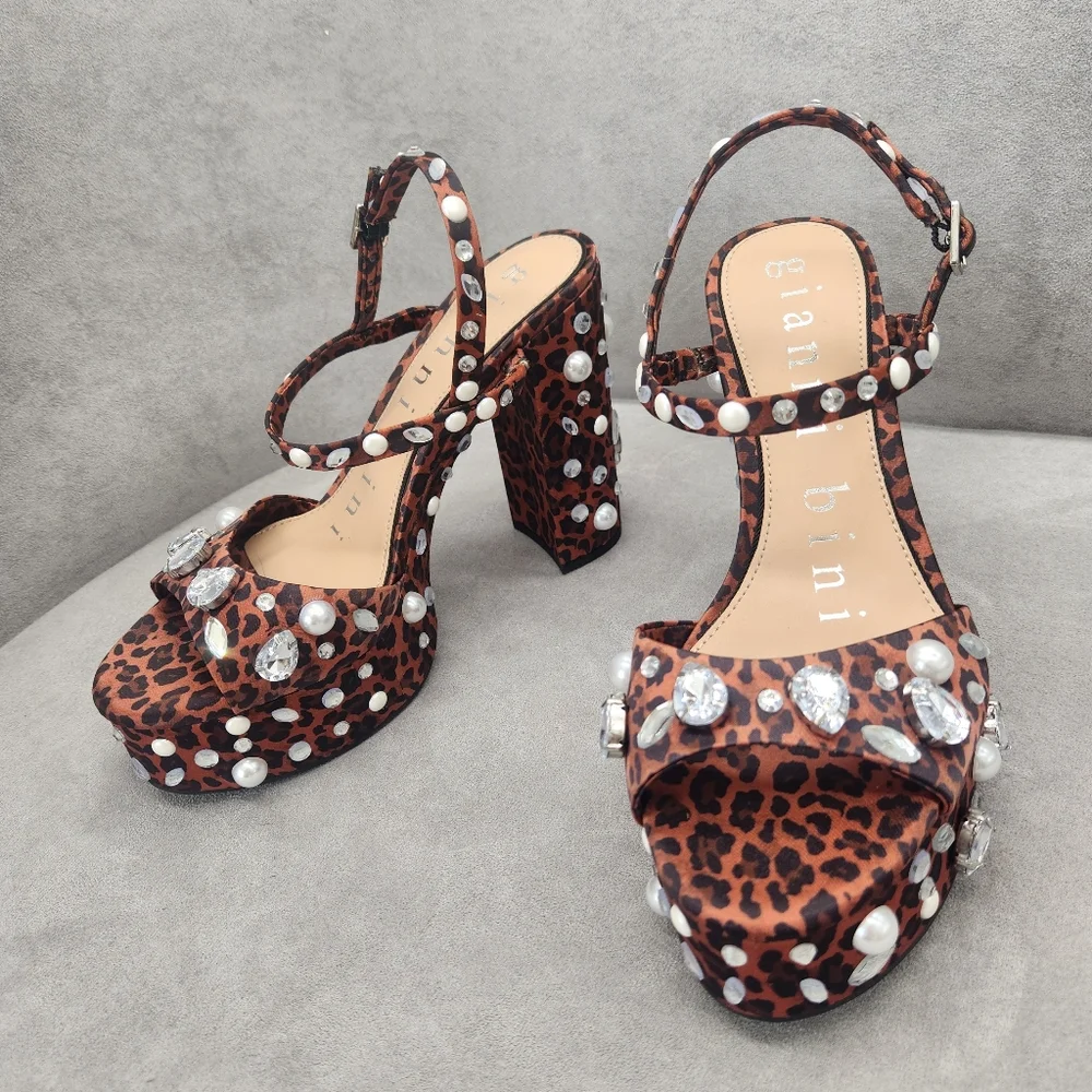 Gianni Bini Platform Sandals 8 Brown Leopard Satin Calvan Two Jeweled New $150 - Picture 3 of 17